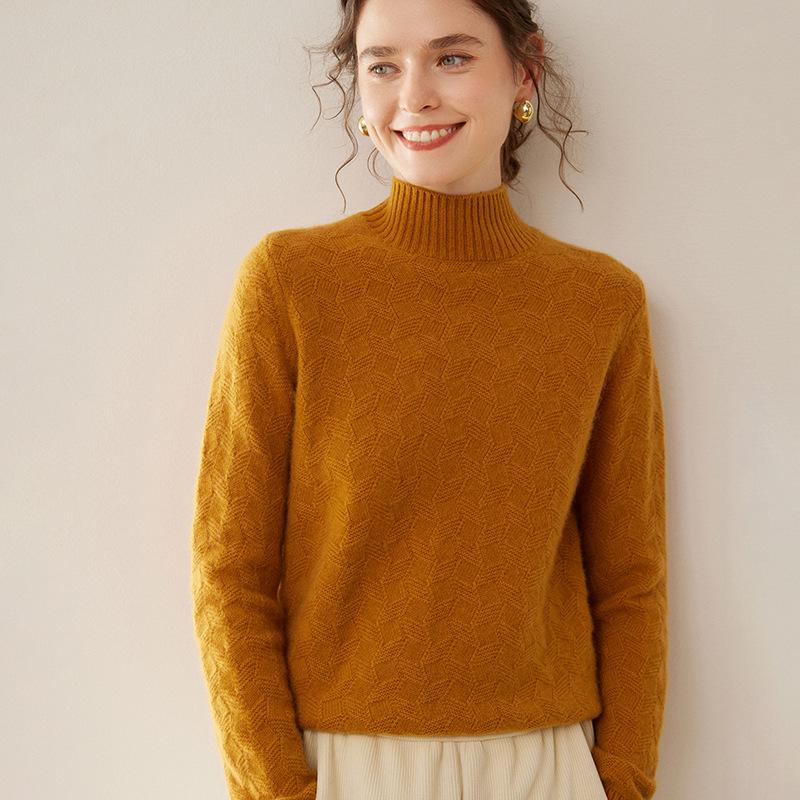 Twisted Flower Half-High Collar Cashmere Knit Sweater - Women's Loose Solid Color Casual Pullover, Long Sleeve Warm Top
