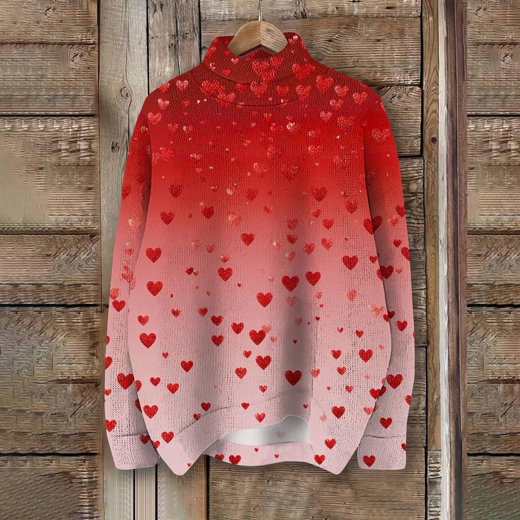 Женская мода, повседневная водолазка с круглым вырезом и длинными рукавами, с принтом ко Дню святого Валентина, трикотажный топ
