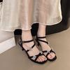 Fashion New Fashion High Heels Summer New Square Toe Open Toe Cross Narrow Strap Crystal Flower Soft Slip Sandals