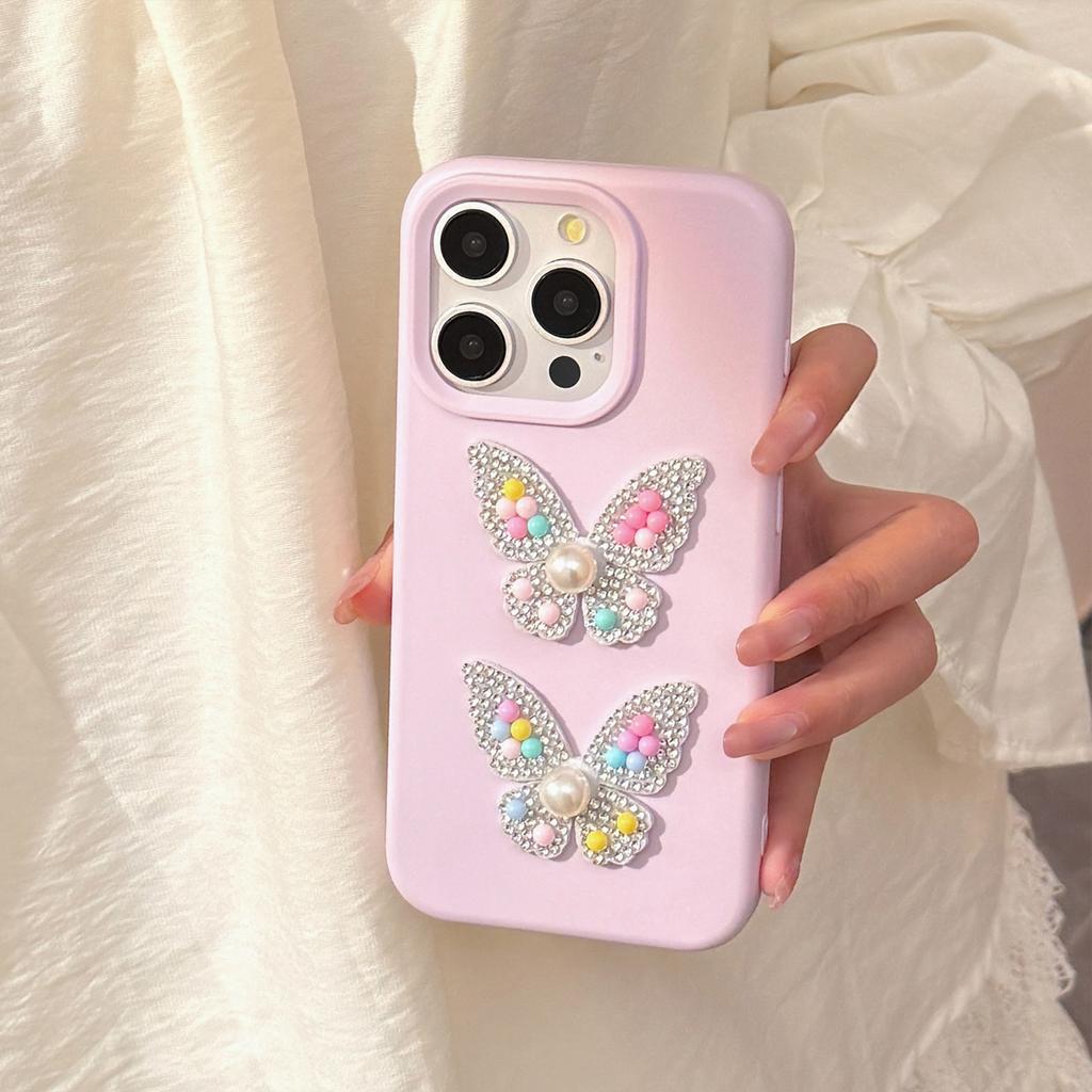 Colorful Beads and Diamond Butterfly for 17promax for Apple 16 Mobile Phone Case for Iphone14 Three-dimensional 1311 Light Luxury