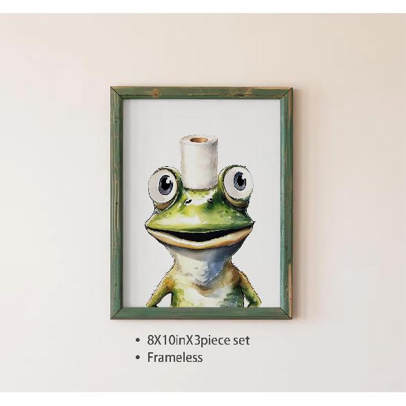 GMLXCX Funny Frog Bathroom Decor Wall Art, Cute Frog Sitting on Toilet Decor Art Poster, Funny Bathroom Sign Canvas Print Set of 3 (8''x10'',