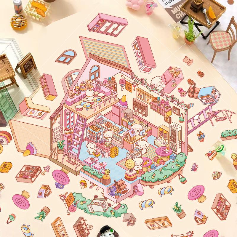 Cartoon Landscape Stickers Multiple Miniature World 3D Hut Unzip DIY Scene Manual Post