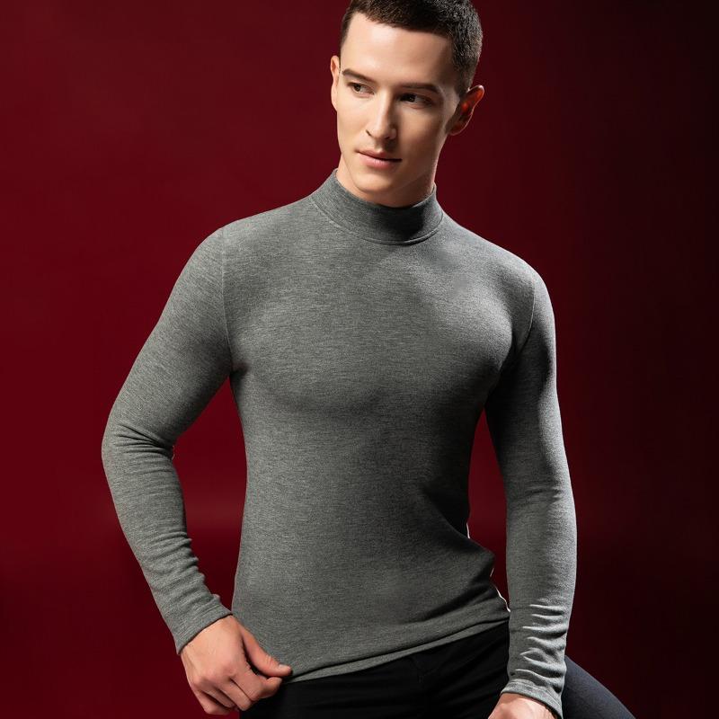 Fleece Heating Semi-turtleneck Bottoming Shirt Men's Long-sleeved T-shirt Top Thermal Underwear Silk Wool Autumn Clothes