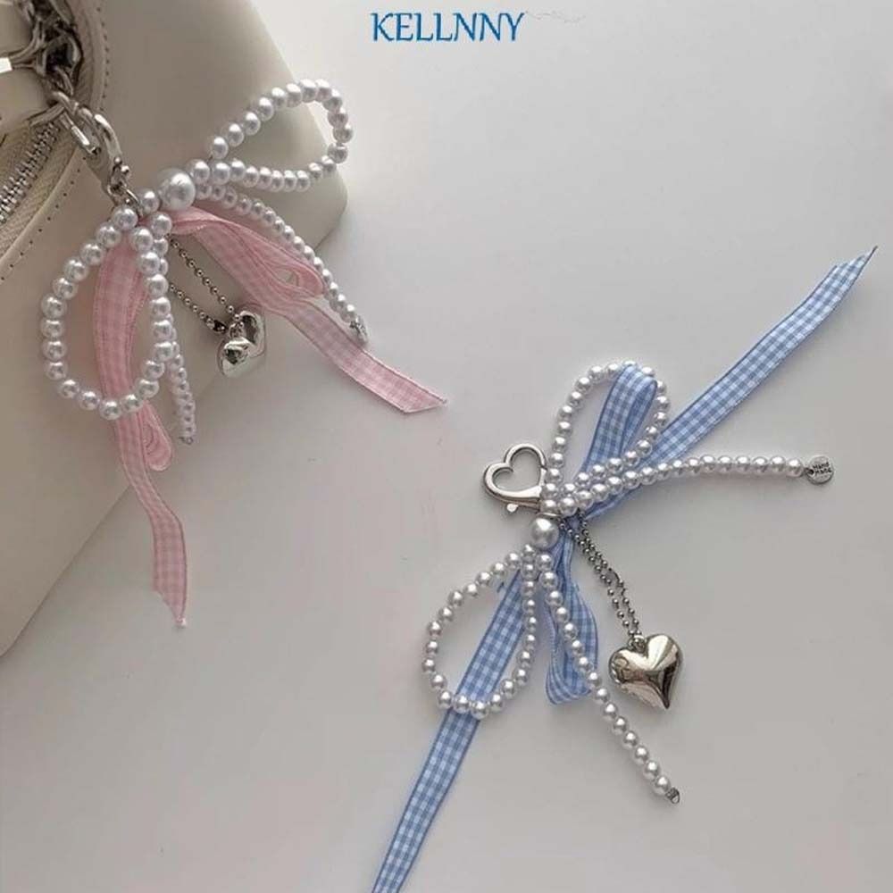 Pearl Plaid Ribbon Bow Key Chain Bag Pendant Phone Pendant Kawaii Balletcore Keychain  Bag Hanging