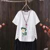 New Lotus Print V-neck Cotton Hemp T-shirt for Women - 2025 Summer European & American Style