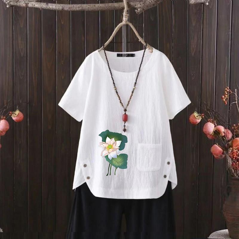 New Lotus Print V-neck Cotton Hemp T-shirt for Women - 2025 Summer European & American Style