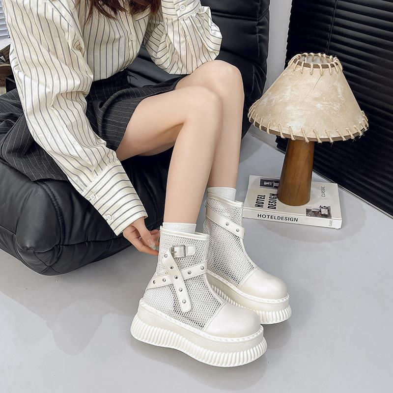 Fashion 2025 New Mesh Breathable Summer Ankle Boots for Women Hollow Out Thick Bottom Cool Boots Woman Chunky Platform Punk Boots