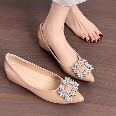 Французский темперамент туфли нюд весна и лето новая мода пряжка мелкие лакированная кожа низкий каблук стразы внутренняя танкетка