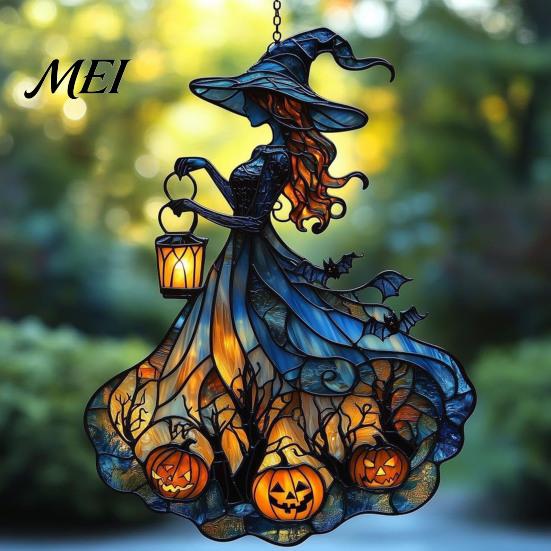 Handcrafted Witch Style Suncatcher Acrylic Suncatcher, Stained Glass Effect Window Car Hanging Ornament, Gothic Scary for Windows with Pumpkin Lantern