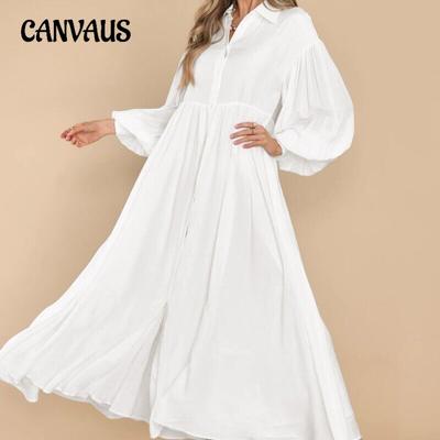 Весна и осень Женское повседневное однотонное платье больших размеров с пуговицами на лацканах с длинным рукавом и складками Очень длинное платье