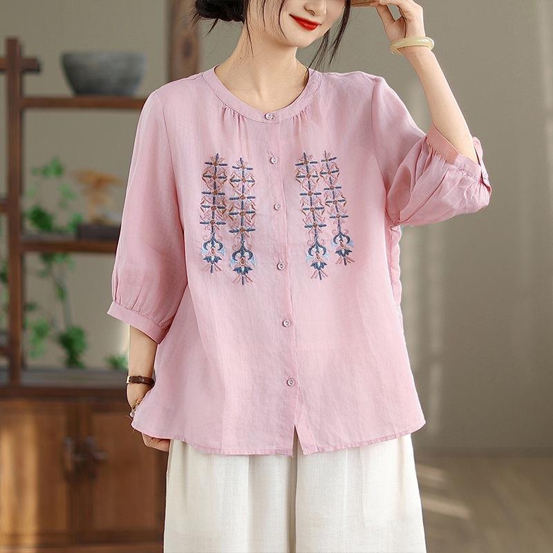 2025 лето новый большой размер тяжелая промышленность вышитая хлопково-льняная рубашка женственность воротник-стойка рубашка вышитый тонкий топ лето