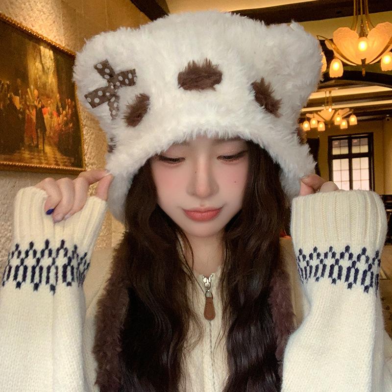 Милая плюшевая вязаная шапка с бантиком в корейском стиле для женщин, зимняя теплая защита ушей, универсальная маленькая шерстяная шапка, подчеркивающая лицо