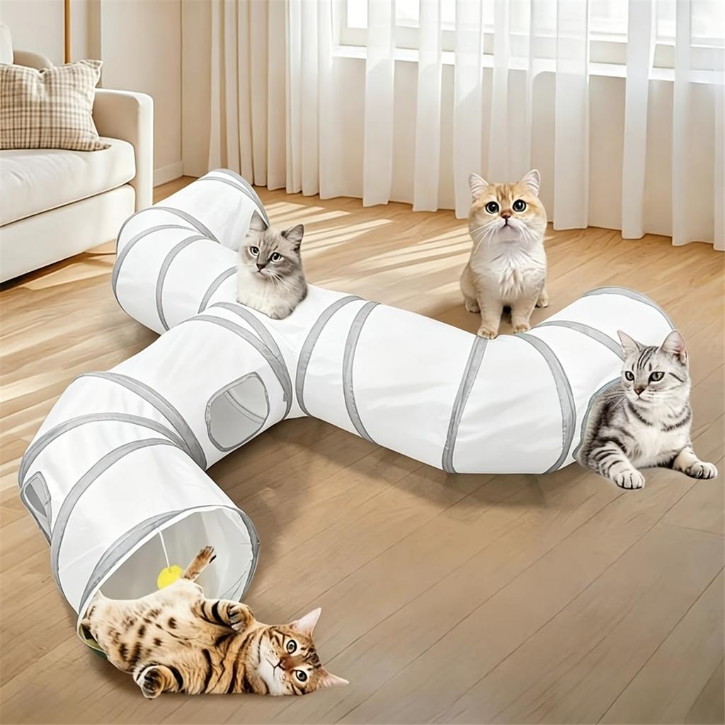 3-Way Small Pet Tunnel Toy, Foldable Rabbit & Hamster Play Tube with Peek Holes and Hanging Ball, Interactive Hideout for Bunny