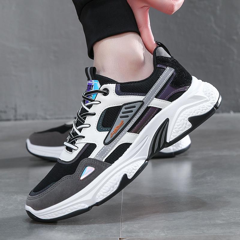 Men's Casual Sports Shoes New Men Platform Breathable Running Shoes Outdoor Trendy Leather Stitching Mesh Men Shoes