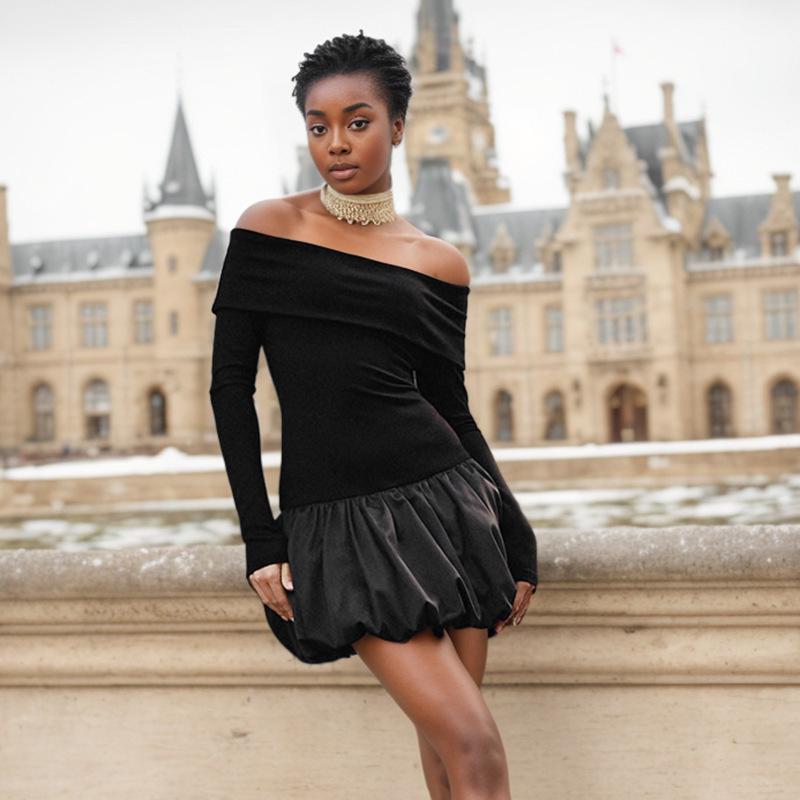 Европейское и американское сексуальное платье-баллон с открытыми плечами, черно-бежное лоскутное, приталенное - с длинным рукавом, коллекция осень/зима.