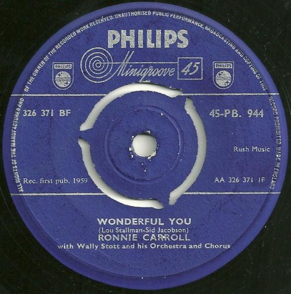 7-дюймовая пластинка RONNIE CARROLL Wonderful You 45PB944 PHILIPS 1959 UK Поп Б/у