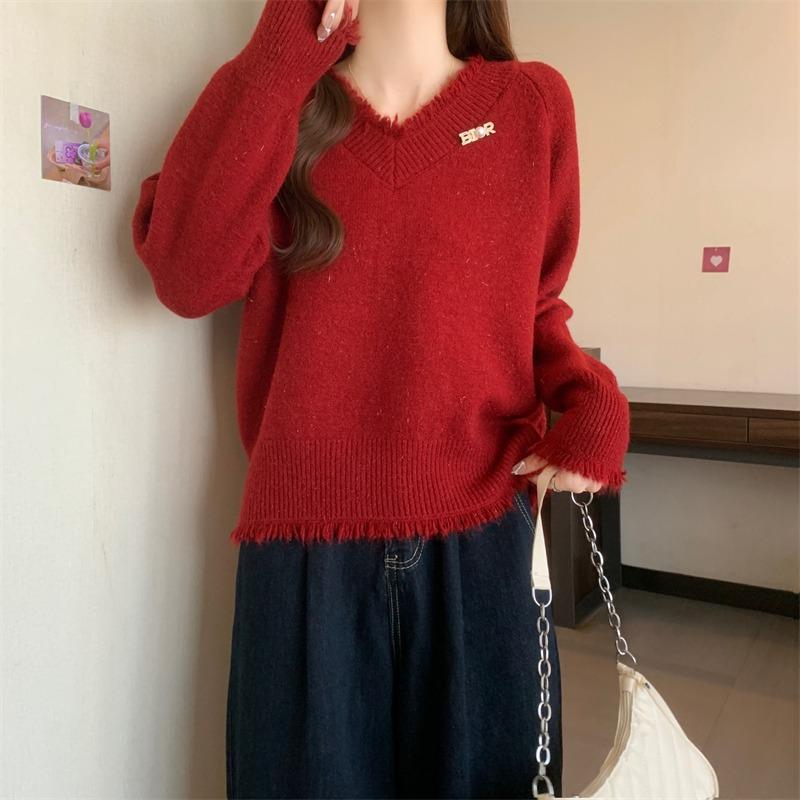 Fashion Sweet Tassel V-neck Red Pullover Sweater Women Autumn and Winter New Thick Warm Knitted Sweaters Women Elegant Solid Casual Jumpers Tops 25841