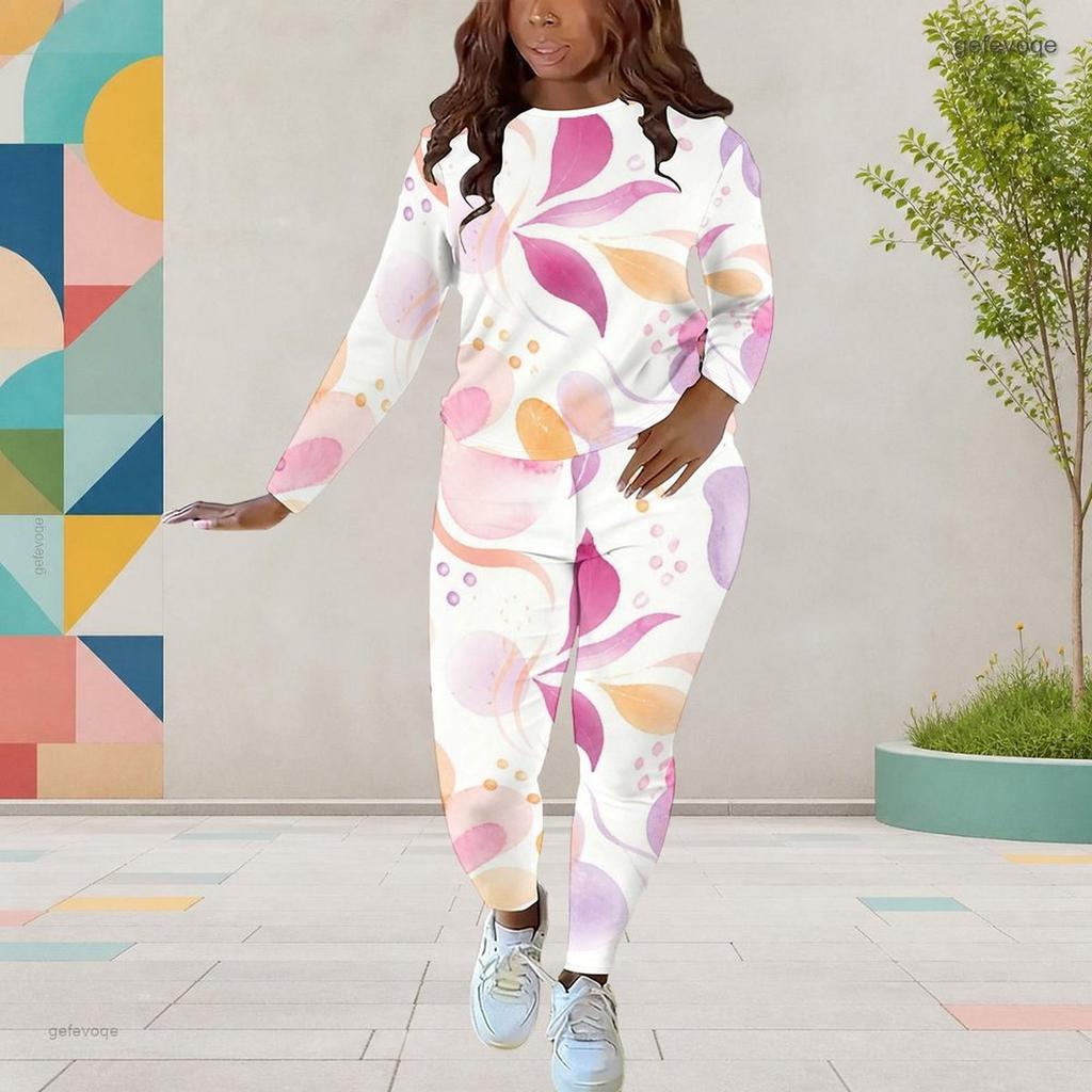 Women Plus Size Colorful Printed Round Neck Long Sleeve Top And Fitted Pants Two Piece Set