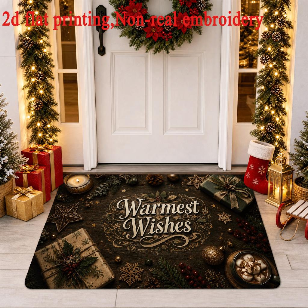 1pc, 2D Flat Printing, Christmas Themed "Warmest Wishes" Entrance Doormat, Non-Slip Machine Washable Easy-to-Clean Polyester Mat, Suitable for Home an