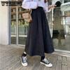 Эластичная черная юбка с высокой талией, женская весенняя однотонная универсальная юбка трапециевидной формы, повседневная плиссированная юбка до середины икры для девочек, уличная одежда