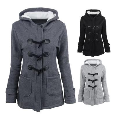 Осенне-зимнее пальто с боковыми карманами, однотонный капюшон с застежкой на роговые пуговицы, длинный рукав, толстая плюшевая куртка, повседневная верхняя одежда для школы и поездок на работу