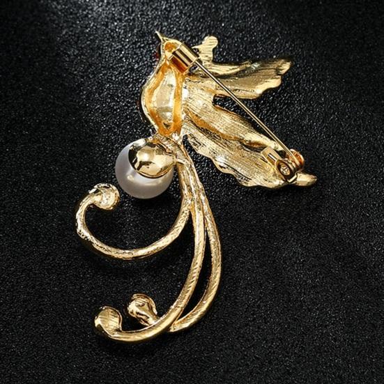 Simple Luxury Women Phoenix Shape Brooch Shining Rhinestones Inlaid Faux Pearl Suit Badge Electroplating Pin Outfit Accessories