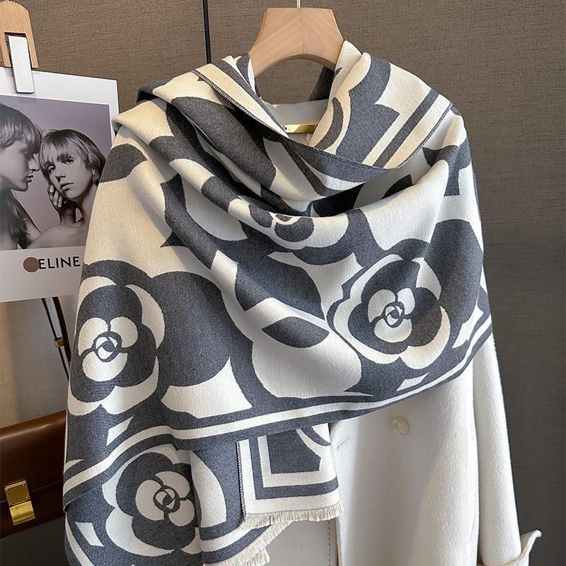 Womens Winter Warm Faux Cashmere Scarf With Floral Print Soft Knit Neck Wrap Office Casual Wear