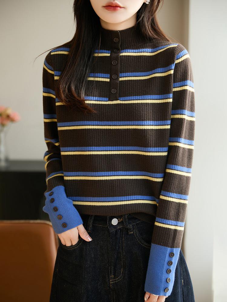 Color Block Striped Half-High Neck Sweater - Women's Fashion Slimming Knit Base Layer for Autumn/Winter.
