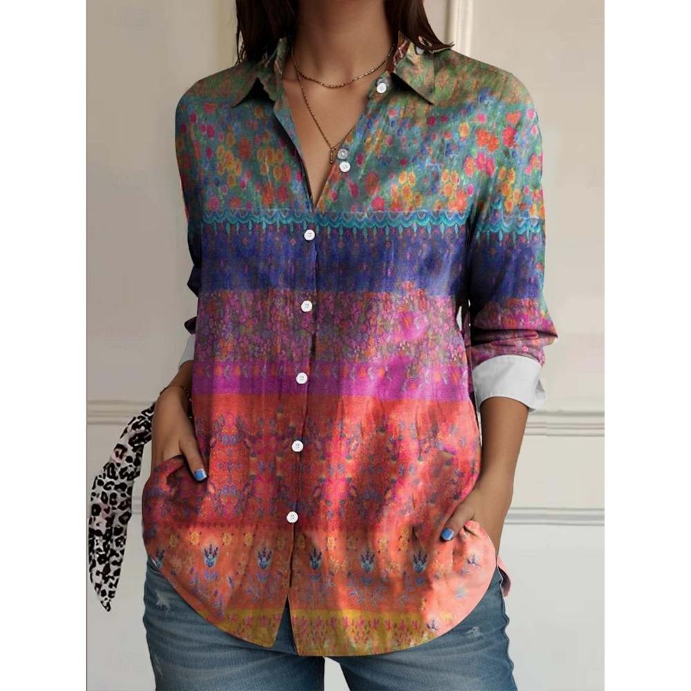 2025 Women's Shirt Flower Active Stylish Blouse Lapel Neck Blouse Women's Long Sleeve Shirts