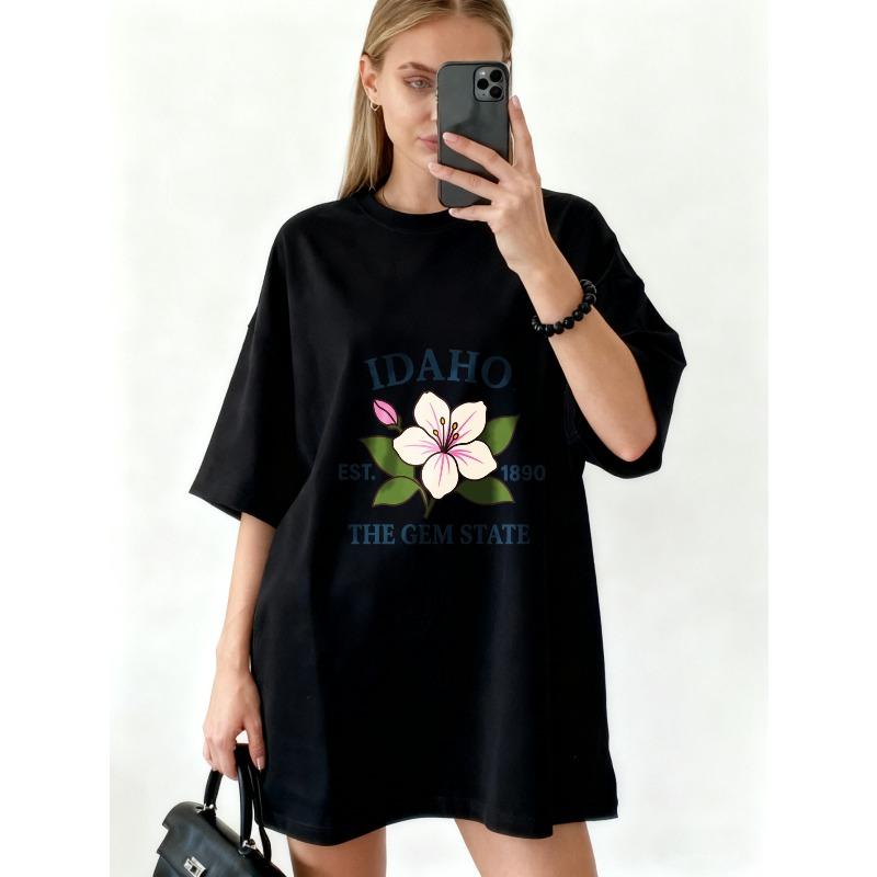 Oversized T Shirt Dress Black Idaho State Flower And Text Print Casual Streetwear For Women
