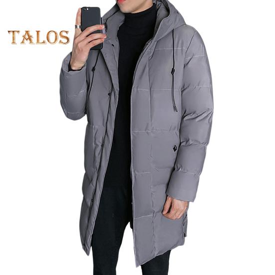 Men Cotton Coat Hooded Drawstring Long Sleeve Full Zipper Closure Cotton Jacket with Side Pockets Solid Color Mid-length Winter Outwear
