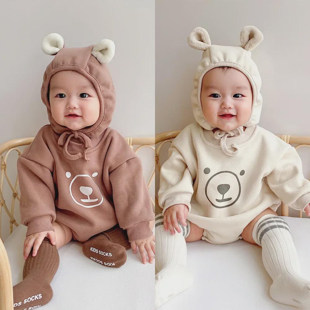 Cute Bear Print Baby Romper with Hat - Long-Sleeve Spring & Autumn Crawling Outfit