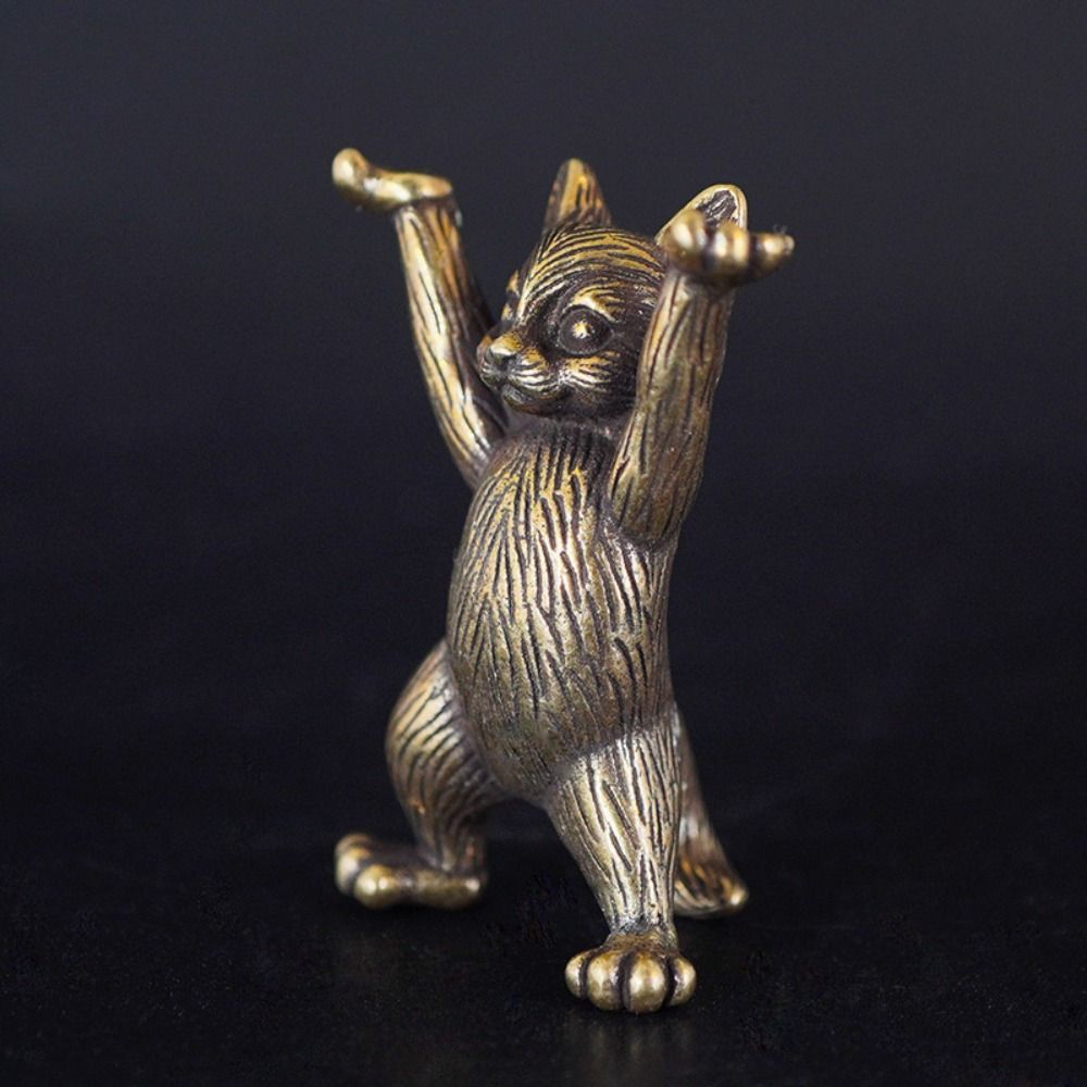 Cute Brass Metal Kung Fu Cat Figurine Antique Copper Finish Decorative Cartoon Animal Miniatures Sculptures Statues Home Decor