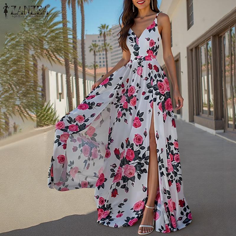 ZANZEA Женское праздничное повседневное платье без рукавов с V-образным вырезом и цветочным принтом в стиле бохо