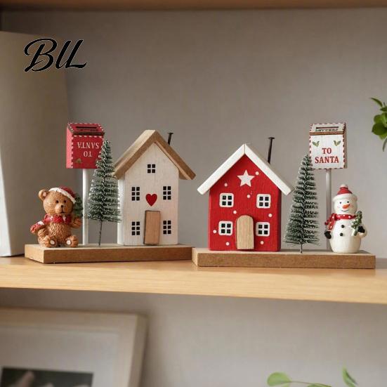 Wooden Cabin Ornaments for Desktop Mini Christmas Village House Figurine, Winter Scene Ornament with Snowman Holiday Tabletop Decorations Bear