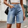 Women's Fashionable Ripped And Rolled Five-Minute Denim Shorts Casual Trousers