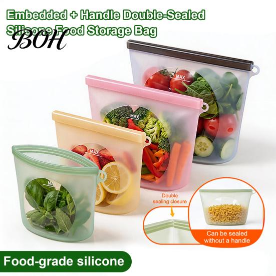 Airtight Reusable Snack Storage Silicone Food Bag, Double Sealing Keeping Leak-proof Eco Friendly Vacuum Seal Pouches Food-Grade Container,