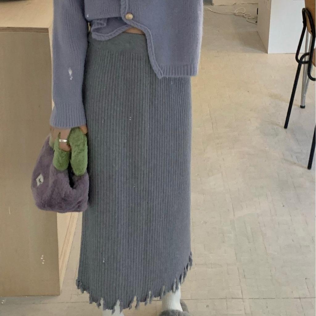 Thickened High Waisted Knitted Skirt for Women In Winter Slim and Medium Long Straight Leg Skirt