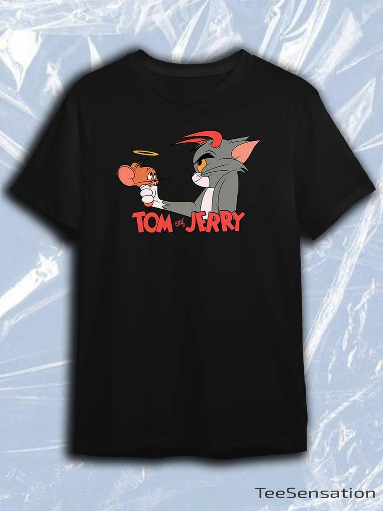 TeeSensation Black Crew Neck Short Sleeve T-Shirt with Tom Devil Jerry Angel Halo Print