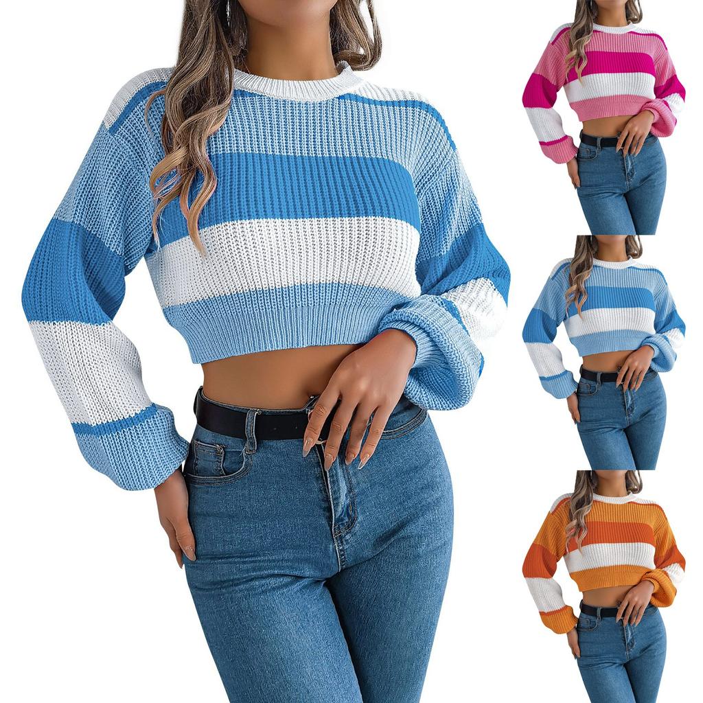 Women's Fashion Casual Loose Colorblock Striped Round Neck Sweater Long Sleeve Pullover Top