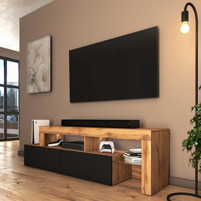 TV cabinet - SELSEY - Asten - Wotan oak - Black - Integrated LED