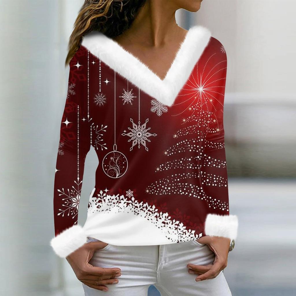 Женская мода с длинным рукавом и рождественским принтом для вечеринки, плюшевый топ с v-образным вырезом