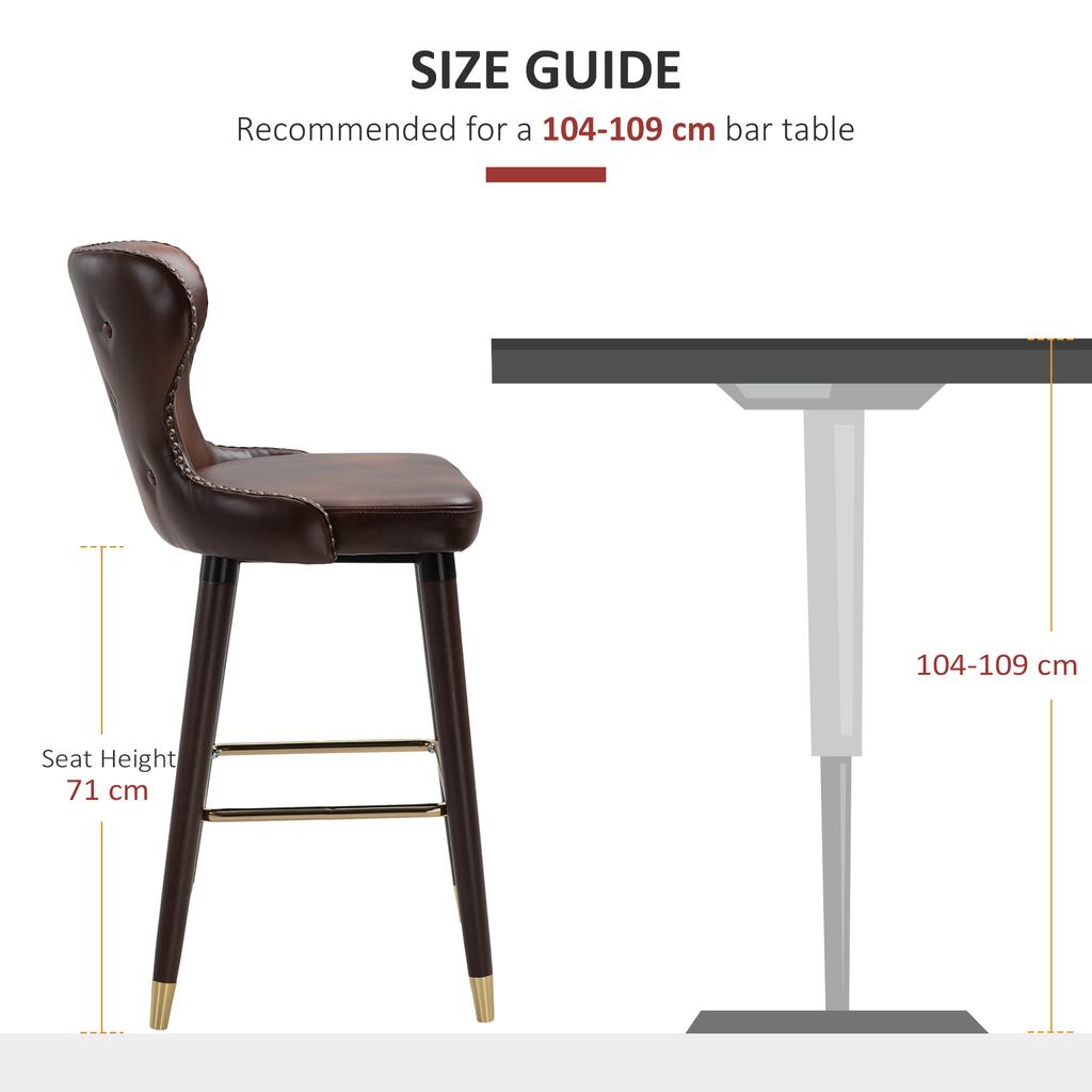 Bar Stools Set of 2, PU Leather Barstools with Back, Footrest and Wood Legs for Kitchen, Counter, Breakfast Bar, Brown