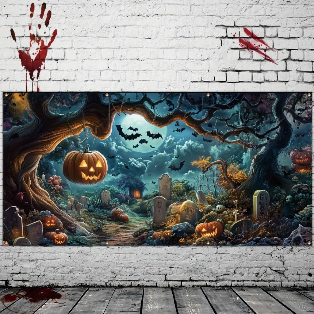 1 Halloween garage door polyester banner with tombstones bats ghosts pumpkin lanterns outdoor holiday wall decoration