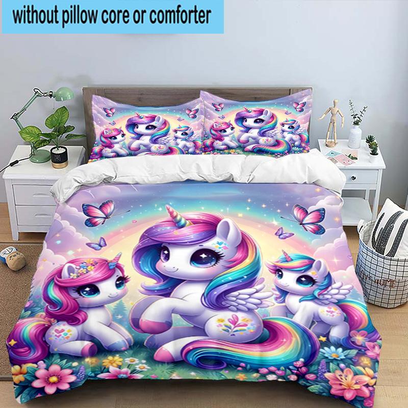 Rainbow Unicorns Garden 3pcs Bedding,Including 1pc Duvet Cover And 2pcs Pillowcases Perfect for Christmas,Ideal for Bedroom, Dormitory