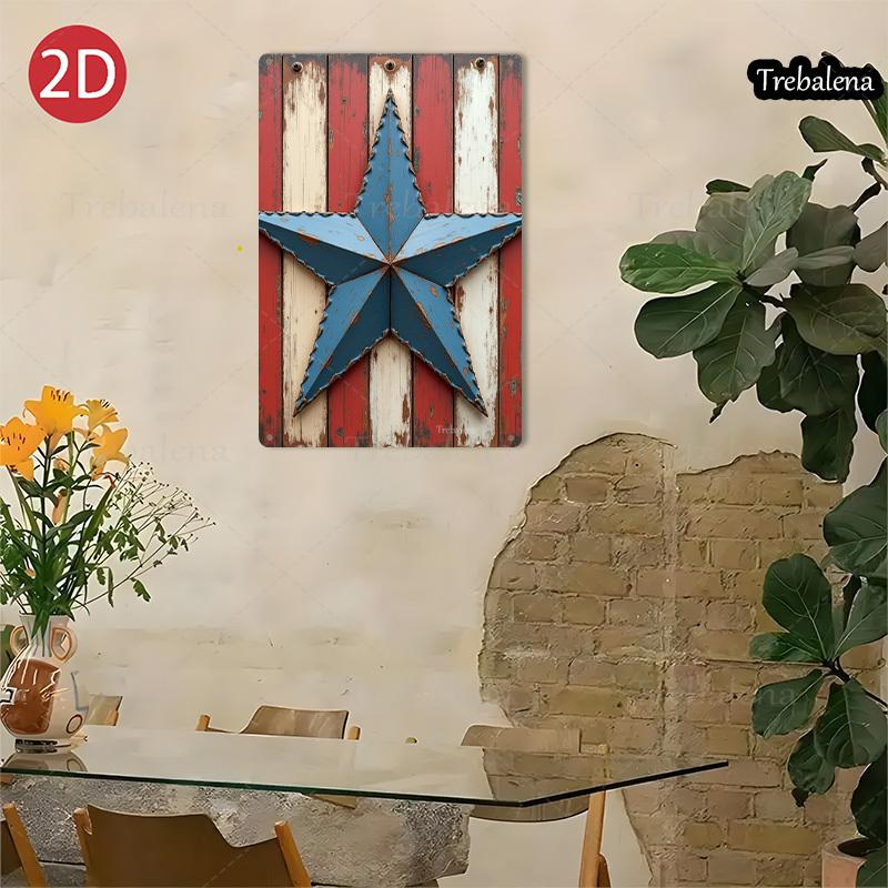 Vintage Embossed Tin Sign Americana Blue Star Metal Wall Art Patriotic Red White Stripes for Home Barn Porch Garage Farm Garden