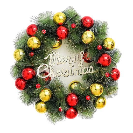 Christmas Wreath for Front Door Artificial Pine Needle Wreath with Balls Bows Flowers Merry Christmas Hanging Decor for Home Wall Window Porch Decor