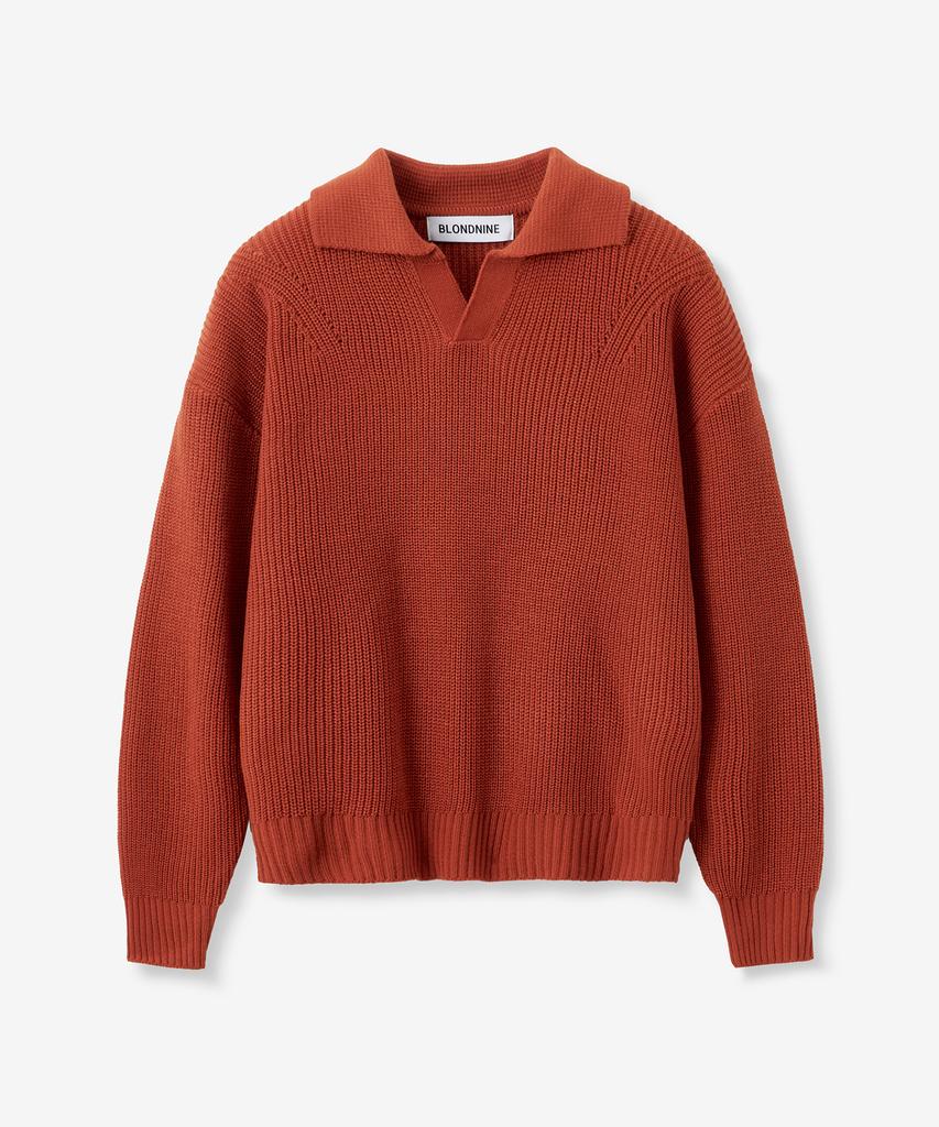 BLOND9 Shoulder Point Open Collar Rib Knit_Orange