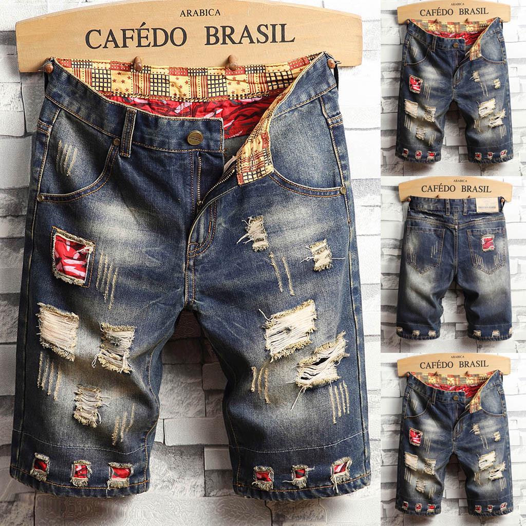 Men's Casual And Loose Hole Stitching Drape Characteristic Foot Denim Shorts