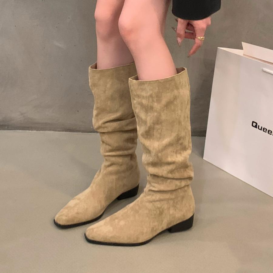 Модные высокие ботинки с острым носком женские на среднем каблуке замшевые массивные хлопковые туфли женские тренд 2024 готика челси ботфорты туфли-лодочки ботинки женские